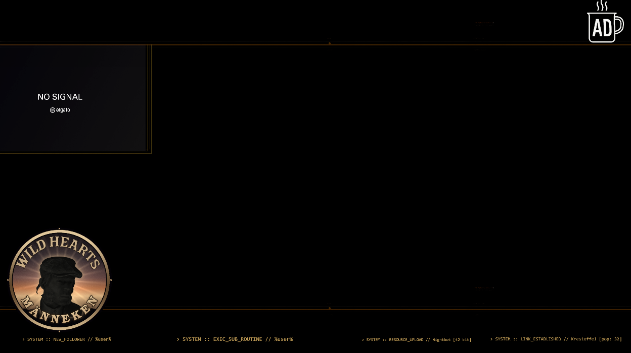 DORFELITE Live-Overlay: Wildhearts-Männeken-Badge, Facecam-Slot und Statuszeilen wie SYSTEM :: LINK_ESTABLISHED // Krestoffel